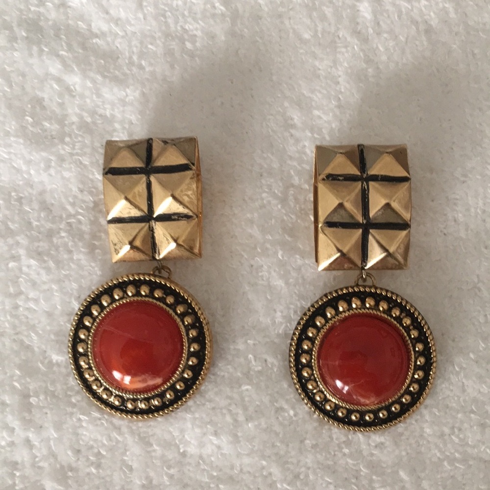 Earrings, clip-on, antique gold & orange